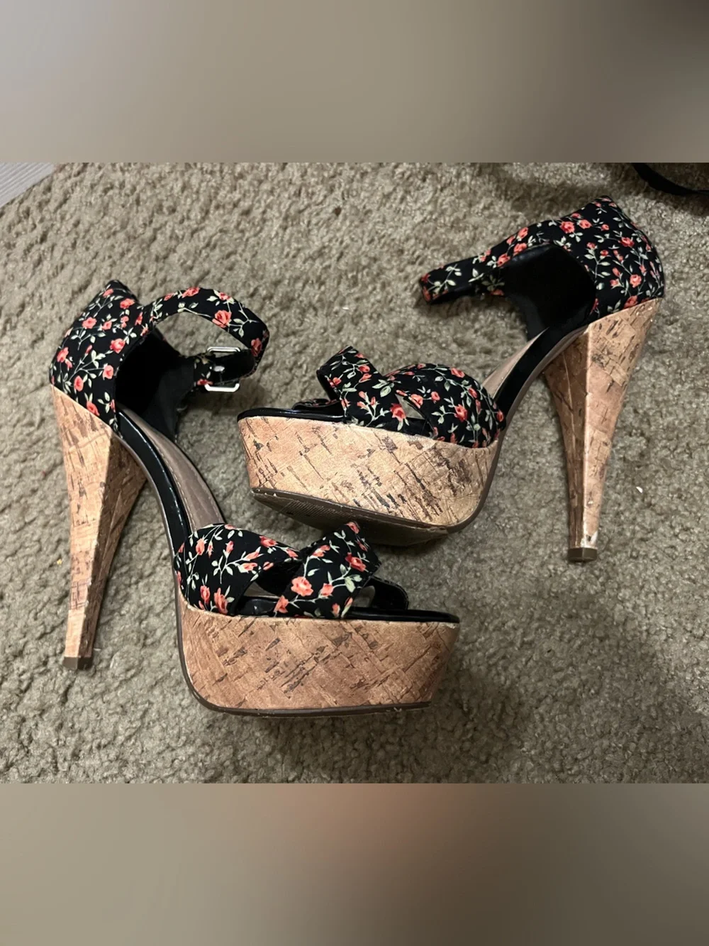 Charlotte Russe- Floral Black Cork Platform High Heels